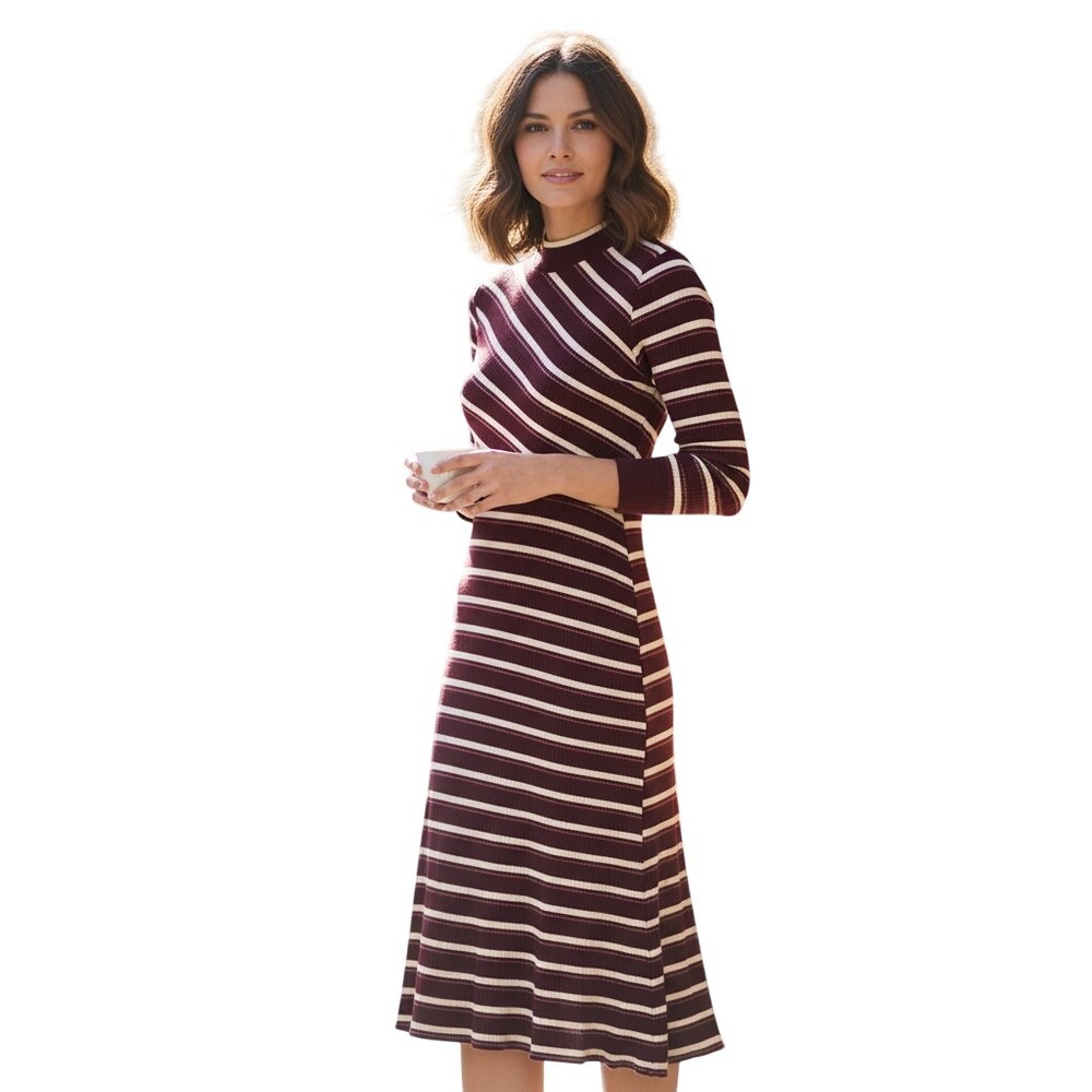 Kinly Dress Womens Small Burgundy Striped Ribbed Knit Mock Neck Faux Wrap Midi